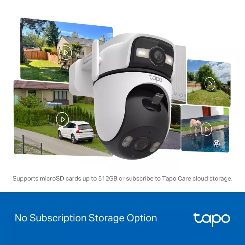 TP-Link Tapo Outdoor Dual Lens Pan/Tilt Security Camera, IP apsaugos kamera, lauko, laidinė ir belaidė, montavimas ant lubų/sienos/stulpo, balta, sferinė