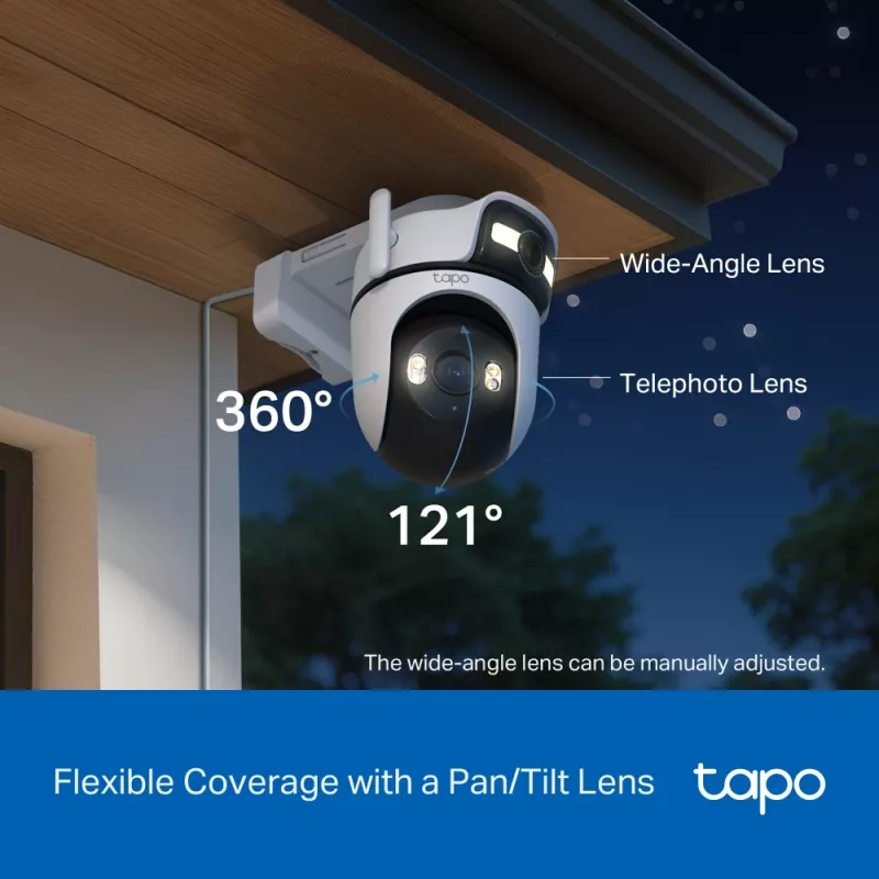 TP-Link Tapo Outdoor Dual Lens Pan/Tilt Security Camera, IP apsaugos kamera, lauko, laidinė ir belaidė, montavimas ant lubų/sienos/stulpo, balta, sferinė
