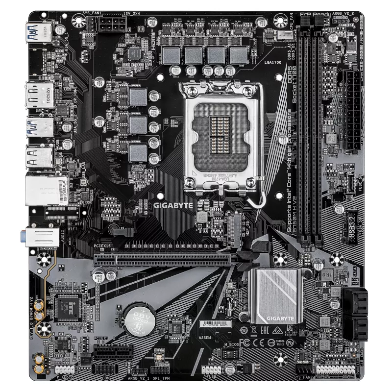 GIGABYTE B760M H V2 pagrindinė plokštė – palaiko 14-os kartos Intel Core procesorius, 5+1+1 fazių skaitmeninis VRM, iki 8000 MHz DDR5 (O.C.), 1xPCIe 4.0 M.2, 1GbE LAN, USB 3.2 Gen1