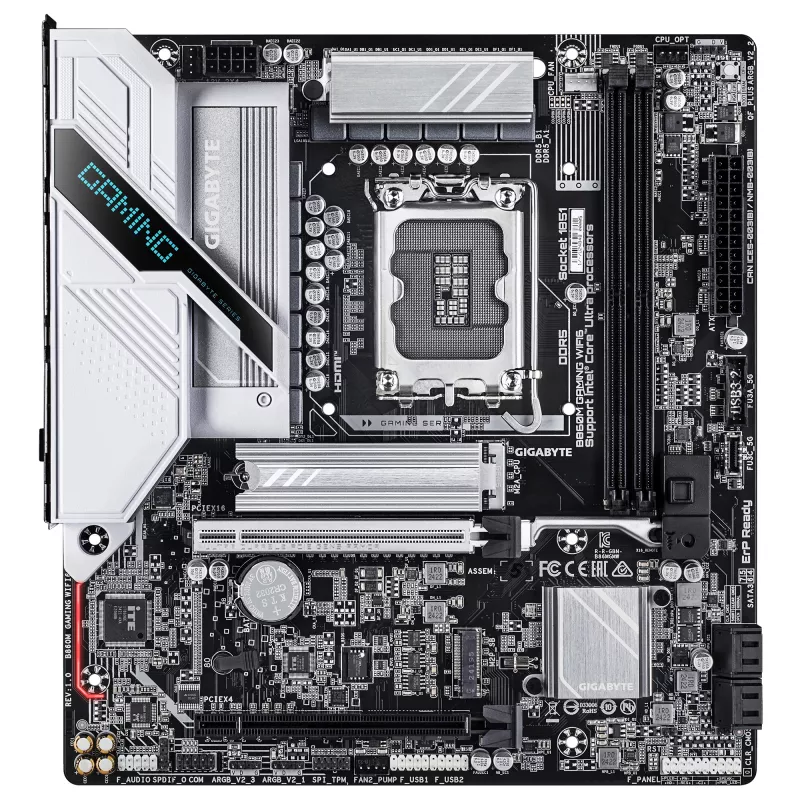 Pagrindinė plokštė GIGABYTE B860M GAMING WIFI6 — Micro ATX, LGA 1851, DDR5 iki 9066 MHz, 2 DIMM, PCIe 5.0, 2.5GbE, Wi‑Fi 6E