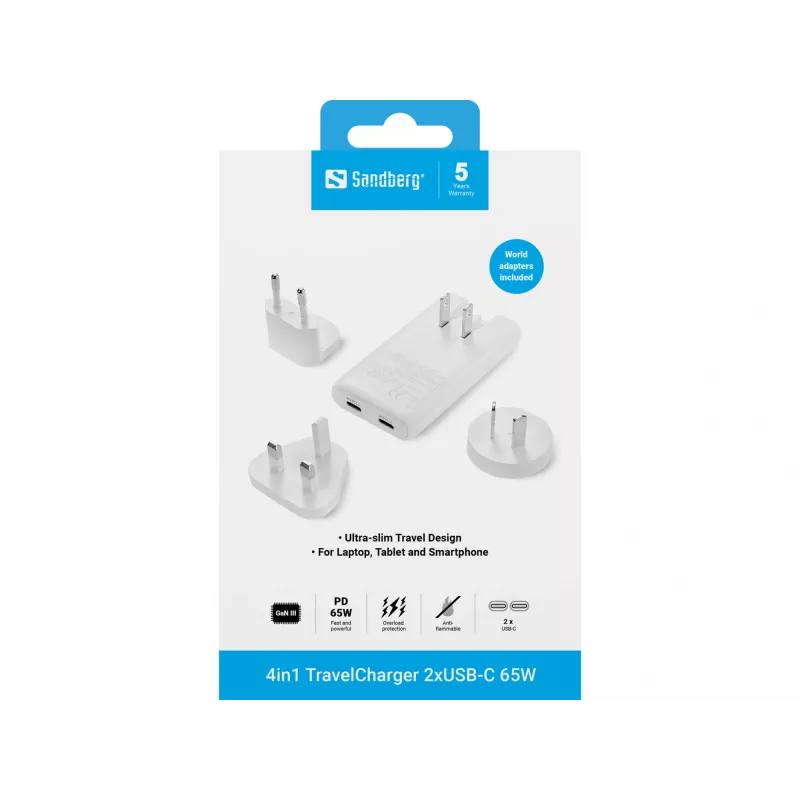 Sandberg 4in1 TravelCharger 65W baltas, vidaus, AC, 20 V, baltas