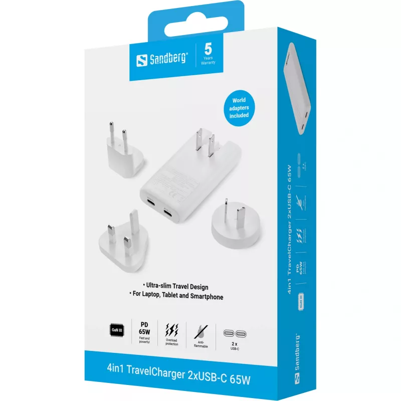 Sandberg 4in1 TravelCharger 65W baltas, vidaus, AC, 20 V, baltas