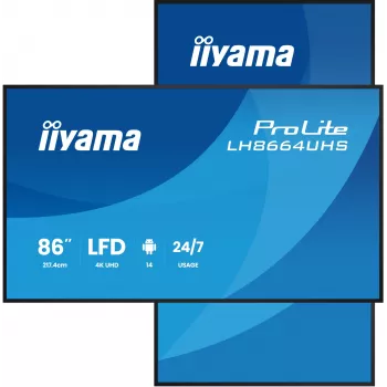 Skaitmeninės reklaminės plokštumos plokščias skydelis IIYAMA LH8664UHS-B3AG — 85,6 colių (2,17 m) 3840x2160 4K IPS, 450 cd/m², Wi‑Fi, Android, 24/7, juodas