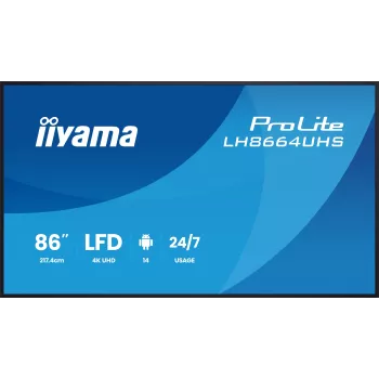 Skaitmeninės reklaminės plokštumos plokščias skydelis IIYAMA LH8664UHS-B3AG — 85,6 colių (2,17 m) 3840x2160 4K IPS, 450 cd/m², Wi‑Fi, Android, 24/7, juodas