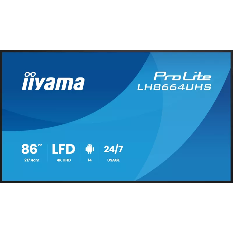 Skaitmeninės reklaminės plokštumos plokščias skydelis IIYAMA LH8664UHS-B3AG — 85,6 colių (2,17 m) 3840x2160 4K IPS, 450 cd/m², Wi‑Fi, Android, 24/7, juodas