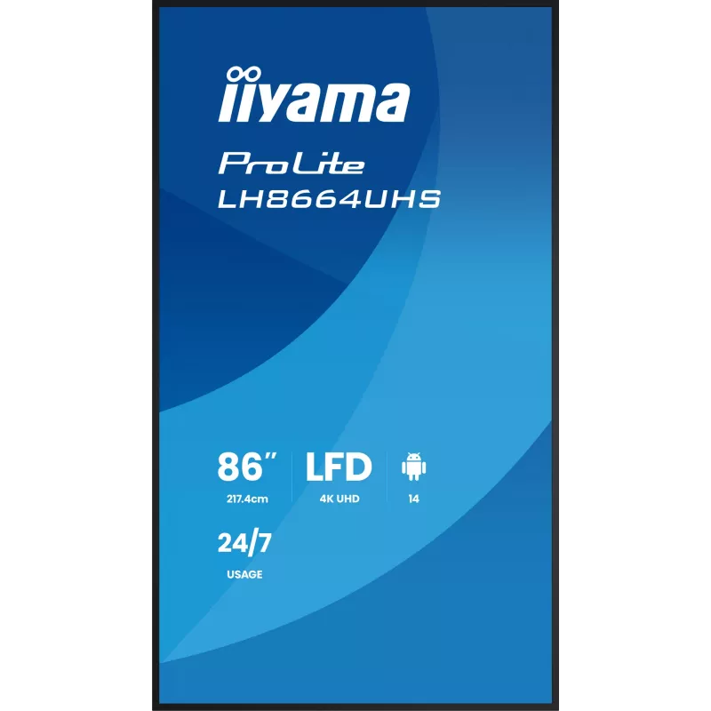 Skaitmeninės reklaminės plokštumos plokščias skydelis IIYAMA LH8664UHS-B3AG — 85,6 colių (2,17 m) 3840x2160 4K IPS, 450 cd/m², Wi‑Fi, Android, 24/7, juodas