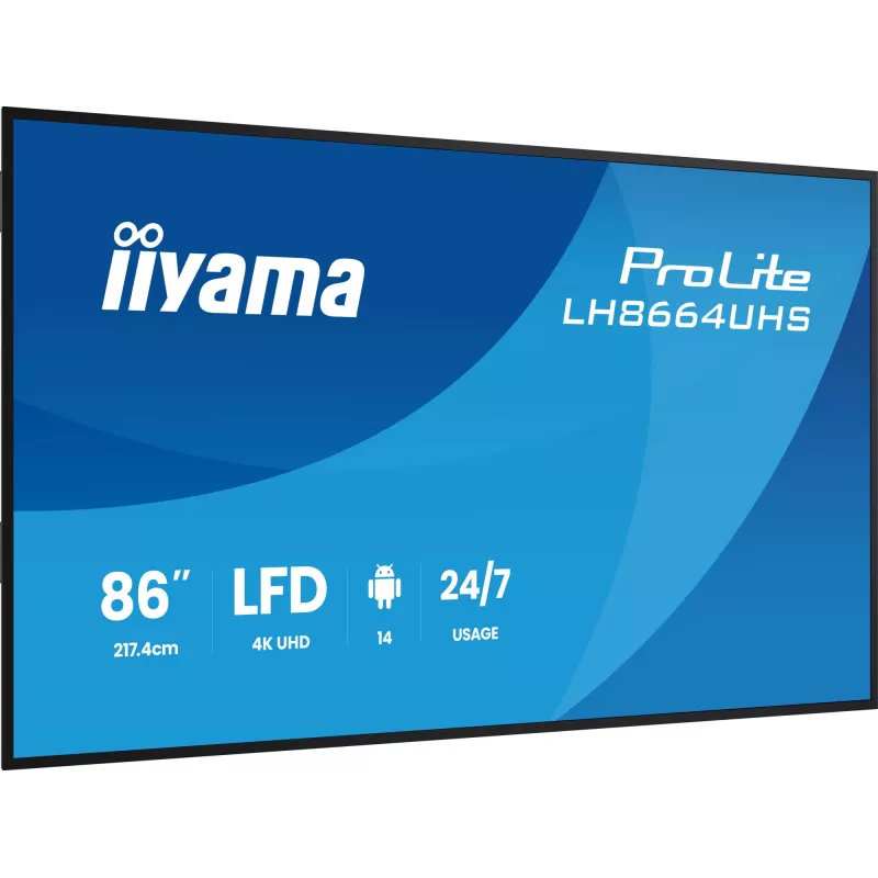 Skaitmeninės reklaminės plokštumos plokščias skydelis IIYAMA LH8664UHS-B3AG — 85,6 colių (2,17 m) 3840x2160 4K IPS, 450 cd/m², Wi‑Fi, Android, 24/7, juodas