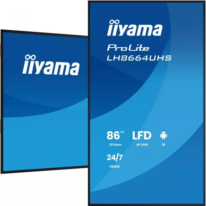 Skaitmeninės reklaminės plokštumos plokščias skydelis IIYAMA LH8664UHS-B3AG — 85,6 colių (2,17 m) 3840x2160 4K IPS, 450 cd/m², Wi‑Fi, Android, 24/7, juodas