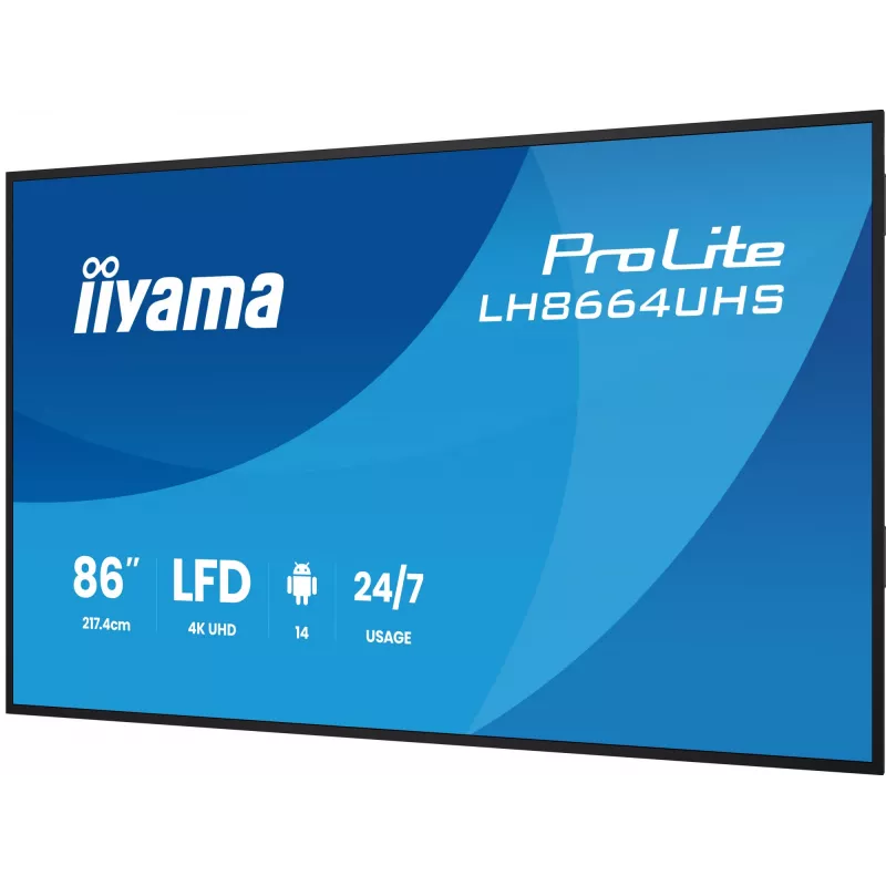 Skaitmeninės reklaminės plokštumos plokščias skydelis IIYAMA LH8664UHS-B3AG — 85,6 colių (2,17 m) 3840x2160 4K IPS, 450 cd/m², Wi‑Fi, Android, 24/7, juodas