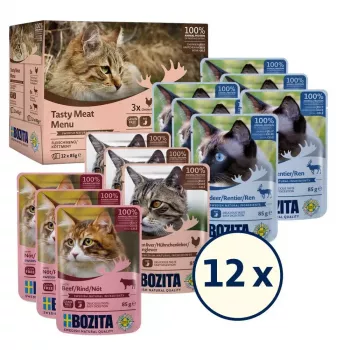 Šlapias kačių maistas BOZITA 9116321 12×85 g — be grūdų suaugusioms katėms skirti įdėklai su jautiena, elniena, vištienos kepenėlėmis (drėgnas, 82 % drėgmės)
