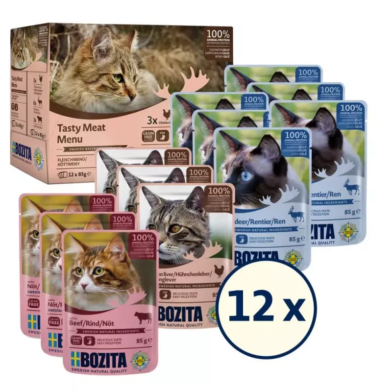 Šlapias kačių maistas BOZITA 9116321 12×85 g — be grūdų suaugusioms katėms skirti įdėklai su jautiena, elniena, vištienos kepenėlėmis (drėgnas, 82 % drėgmės)