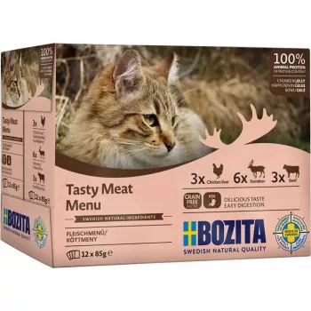 Šlapias kačių maistas BOZITA 9116321 12×85 g — be grūdų suaugusioms katėms skirti įdėklai su jautiena, elniena, vištienos kepenėlėmis (drėgnas, 82 % drėgmės)