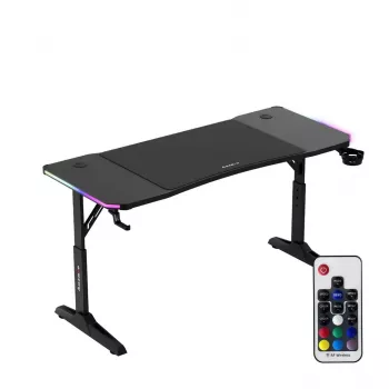 Reguliuojamo aukščio žaidimų stalas huzaro Hero 3.6 RGB Juoda — 1400×600 mm, aukštis 560–790 mm, RGB apšvietimas, H formos kojos