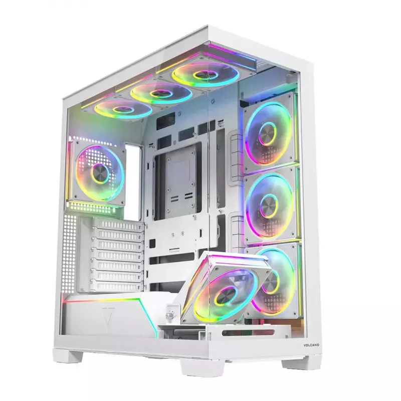 PC korpusas MODECOM VOLCANO STELLAR PLUS ARGB MIDI 8F WHITE — midi bokštas, ATX, grūdintas stiklas, ARGB apšvietimas, 8 ventiliatoriai, GPU iki 42 cm