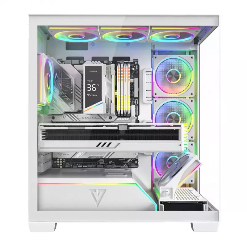 PC korpusas MODECOM VOLCANO STELLAR PLUS ARGB MIDI 8F WHITE — midi bokštas, ATX, grūdintas stiklas, ARGB apšvietimas, 8 ventiliatoriai, GPU iki 42 cm
