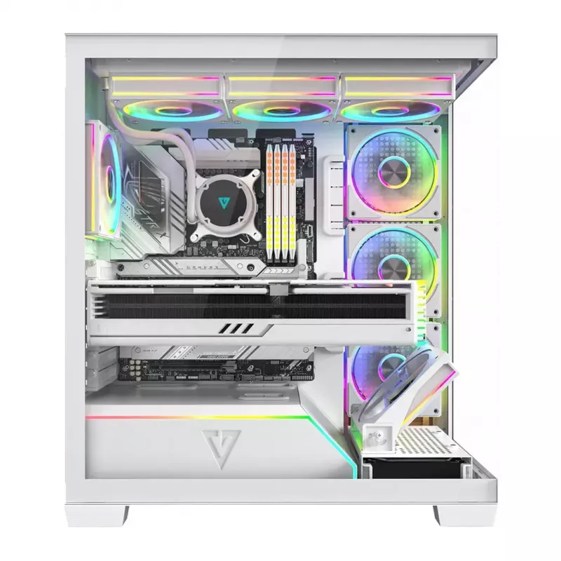 PC korpusas MODECOM VOLCANO STELLAR PLUS ARGB MIDI 8F WHITE — midi bokštas, ATX, grūdintas stiklas, ARGB apšvietimas, 8 ventiliatoriai, GPU iki 42 cm