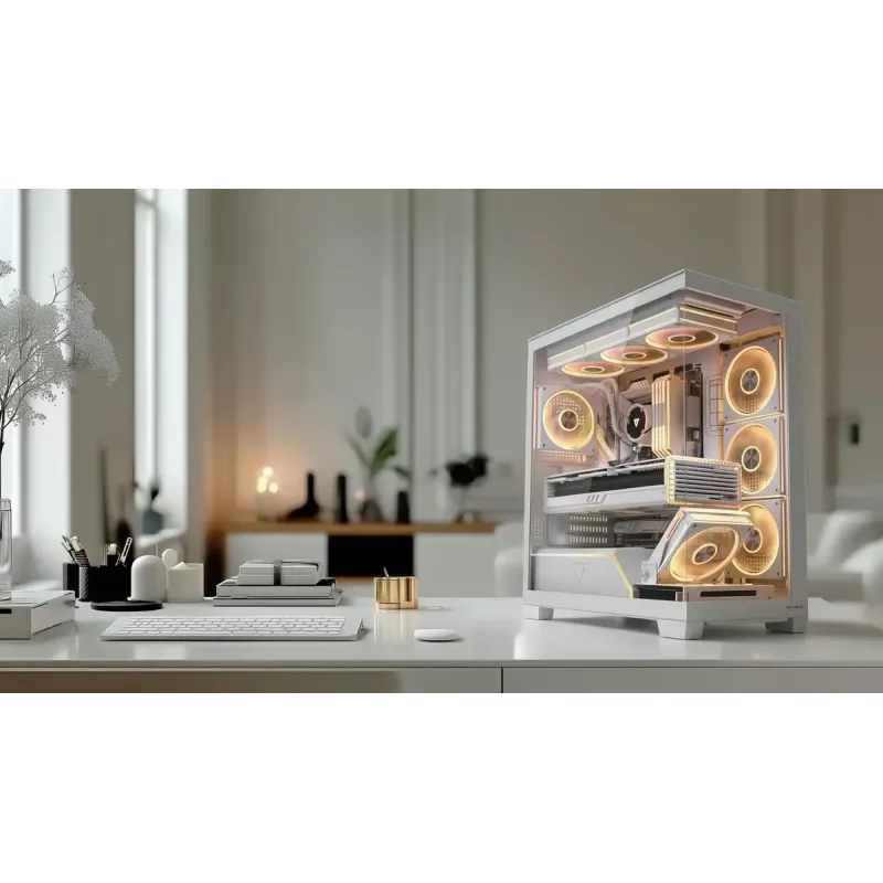 PC korpusas MODECOM VOLCANO STELLAR PLUS ARGB MIDI 8F WHITE — midi bokštas, ATX, grūdintas stiklas, ARGB apšvietimas, 8 ventiliatoriai, GPU iki 42 cm