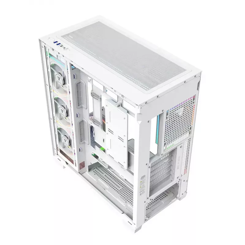PC korpusas MODECOM VOLCANO STELLAR PLUS ARGB MIDI 8F WHITE — midi bokštas, ATX, grūdintas stiklas, ARGB apšvietimas, 8 ventiliatoriai, GPU iki 42 cm