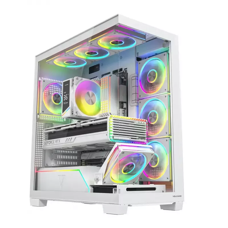 PC korpusas MODECOM VOLCANO STELLAR PLUS ARGB MIDI 8F WHITE — midi bokštas, ATX, grūdintas stiklas, ARGB apšvietimas, 8 ventiliatoriai, GPU iki 42 cm