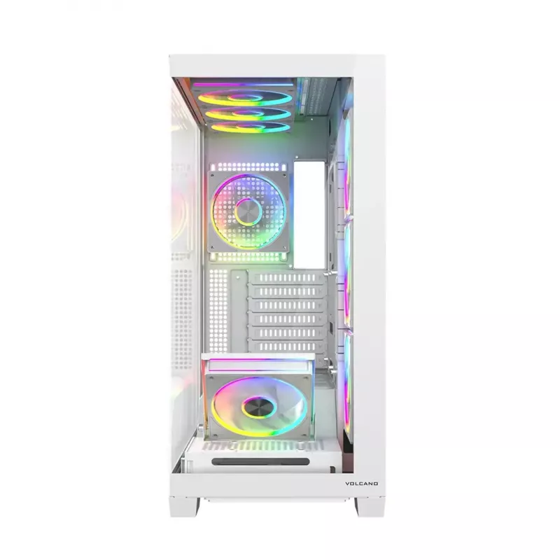 PC korpusas MODECOM VOLCANO STELLAR PLUS ARGB MIDI 8F WHITE — midi bokštas, ATX, grūdintas stiklas, ARGB apšvietimas, 8 ventiliatoriai, GPU iki 42 cm