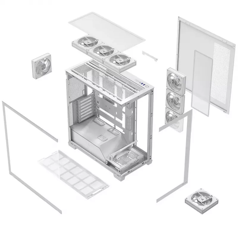 PC korpusas MODECOM VOLCANO STELLAR PLUS ARGB MIDI 8F WHITE — midi bokštas, ATX, grūdintas stiklas, ARGB apšvietimas, 8 ventiliatoriai, GPU iki 42 cm