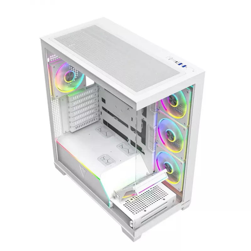 PC korpusas MODECOM VOLCANO STELLAR PLUS ARGB MIDI 8F WHITE — midi bokštas, ATX, grūdintas stiklas, ARGB apšvietimas, 8 ventiliatoriai, GPU iki 42 cm