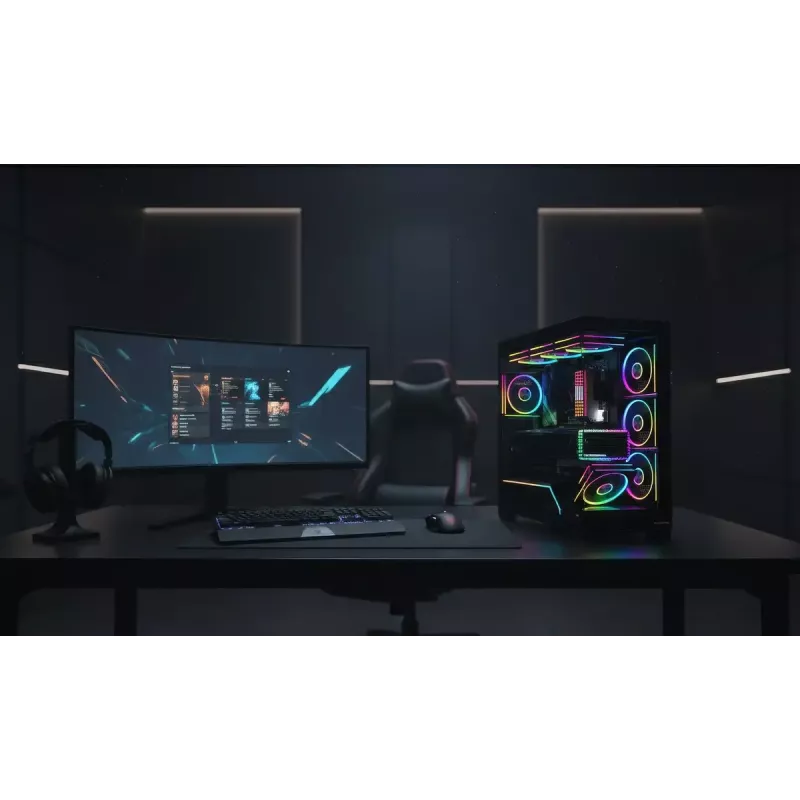 PC mid-tower korpusas MODECOM VOLCANO STELLAR PLUS ARGB MIDI, 5 priekiniai ventiliatoriai, grūdintas stiklas, USB-C