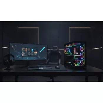 PC korpusas MODECOM VOLCANO STELLAR PLUS MIDI Juoda — midi bokštas ATX, grūdintas stiklas, USB-C, palaiko iki 420 mm GPU