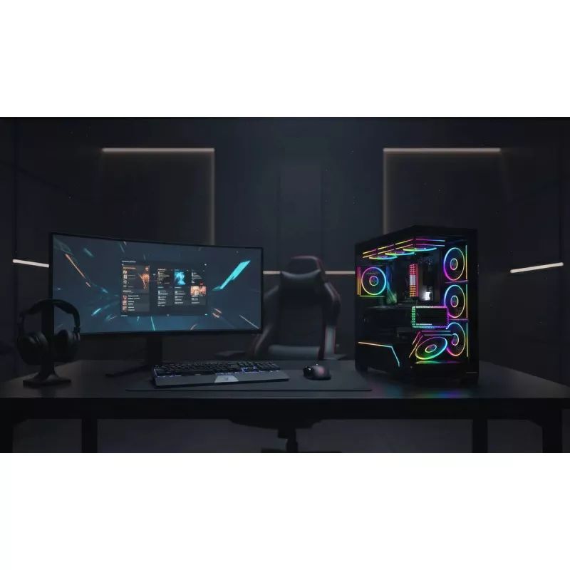 PC korpusas MODECOM VOLCANO STELLAR PLUS MIDI Juoda — midi bokštas ATX, grūdintas stiklas, USB-C, palaiko iki 420 mm GPU