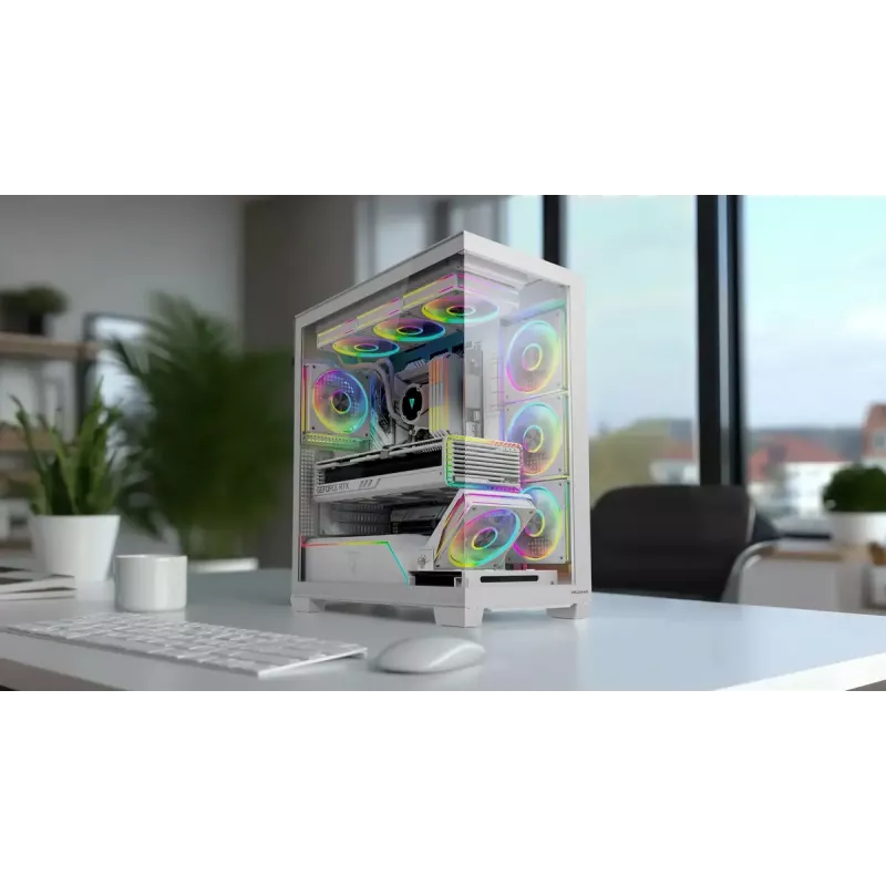PC korpusas MODECOM VOLCANO STELLAR PLUS MIDI WHITE — Midi Tower, microATX, grūdintas stiklas, USB-C, palaiko GPU 420 mm
