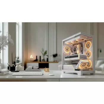 PC korpusas MODECOM VOLCANO STELLAR PLUS MIDI WHITE — Midi Tower, microATX, grūdintas stiklas, USB-C, palaiko GPU 420 mm