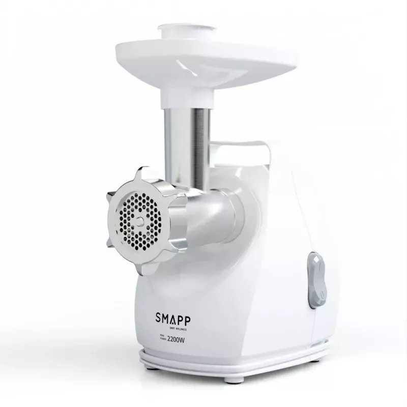 Mėsmalė SMAPP modelis 490.81 BALTA - 2200 W, 1 greitis, 2,7 kg/min, 3 sieteliai, balta, smulkinimo priedas