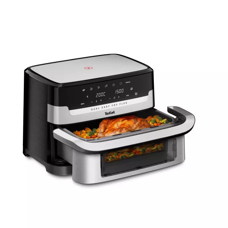 Karšto oro gruzdintuvė Tefal Dual Easy Fry Flex EY922D — 9 L talpa, 1,7 kg maisto talpa, jutiklinis LCD, juoda / nerūdijantis plienas