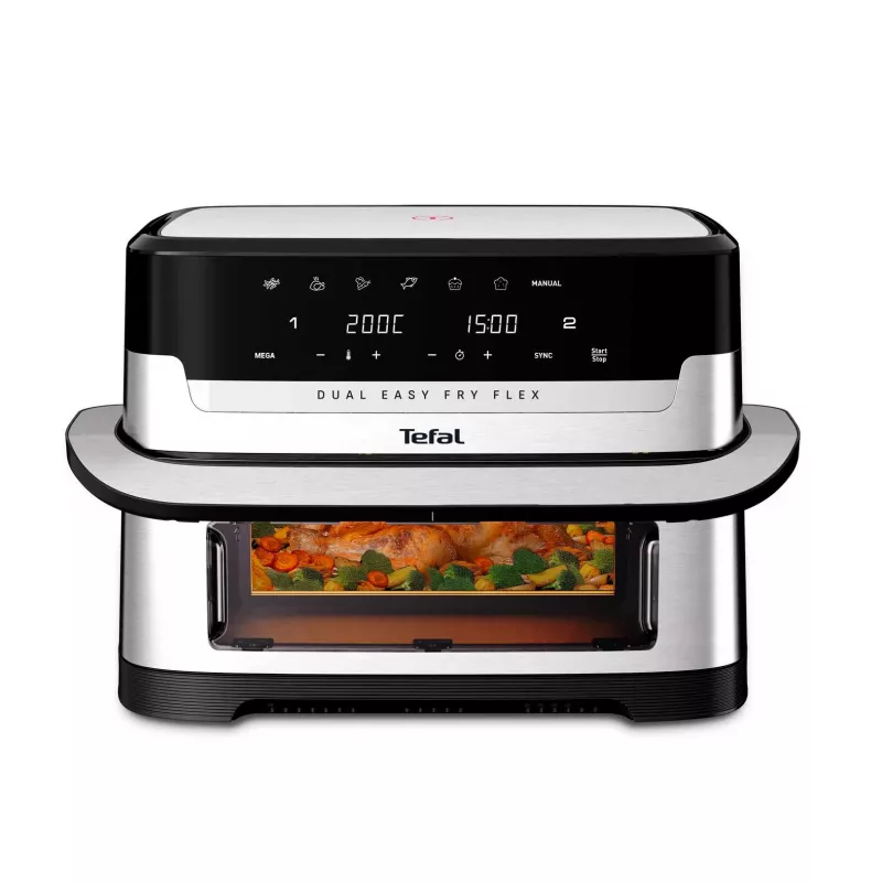 Karšto oro gruzdintuvė Tefal Dual Easy Fry Flex EY922D — 9 L talpa, 1,7 kg maisto talpa, jutiklinis LCD, juoda / nerūdijantis plienas