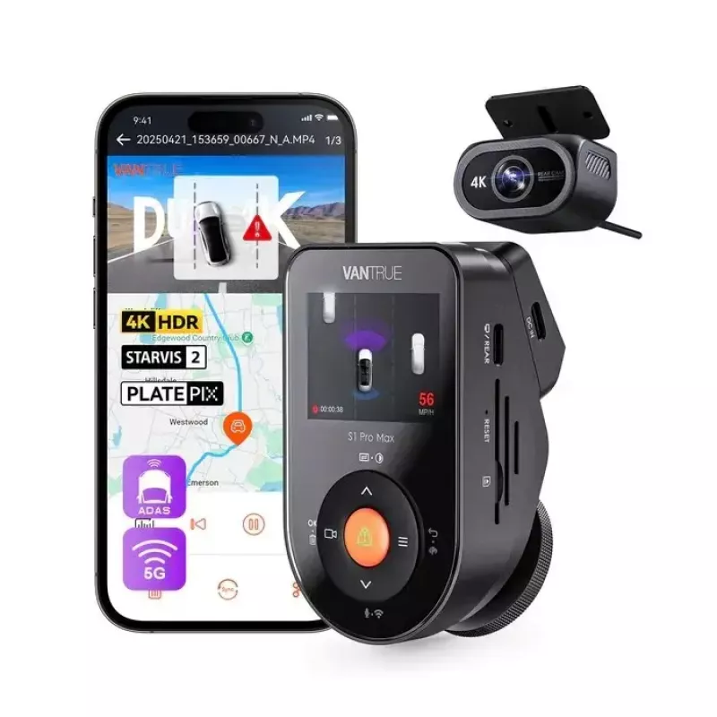Automobilio vaizdo registratorius VANTRUE S1PRO MAX — kompaktiškas 2 kanalų registratorius, 3840 × 2160 F/1.8, 155° pagrindinė kamera, Wi‑Fi, GPS, 2 colių ekranas, parkavimo režimas, microSD iki 1 TB