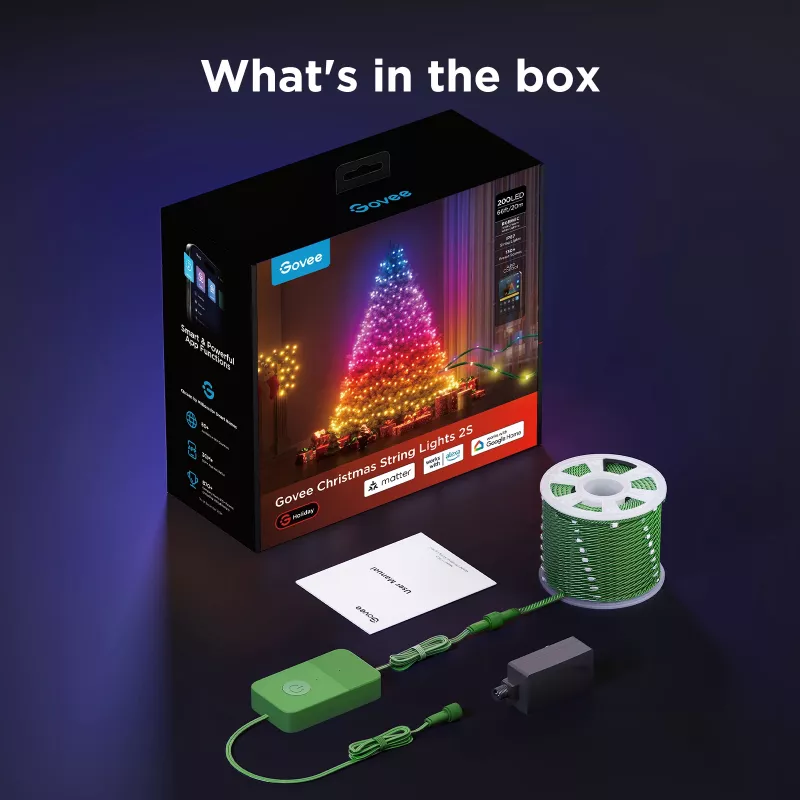 Išmaniosios LED girliandos Govee 2S 20 m, Wi‑Fi/Bluetooth, žalia, 20 m ilgio, 2,5 m maitinimo kabelis, 6 mm plotis