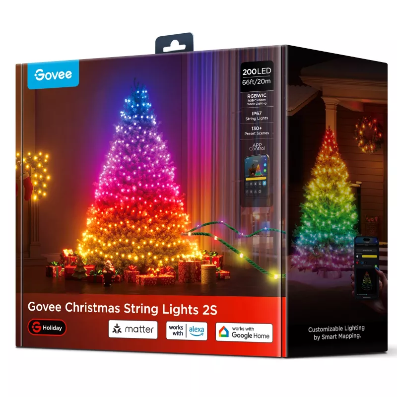 Išmaniosios LED girliandos Govee 2S 20 m, Wi‑Fi/Bluetooth, žalia, 20 m ilgio, 2,5 m maitinimo kabelis, 6 mm plotis