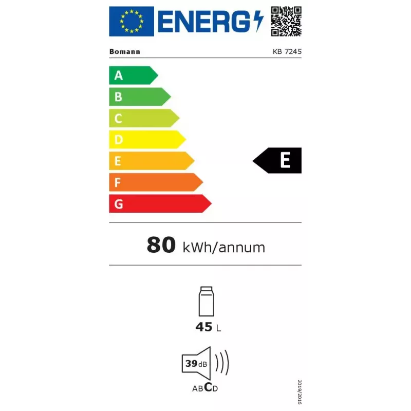 Kompaktiškas šaldytuvas BOMANN KB 7245, 45 l šaldytuvas, 4 l šaldiklis, E klasė, 39 dB, baltas