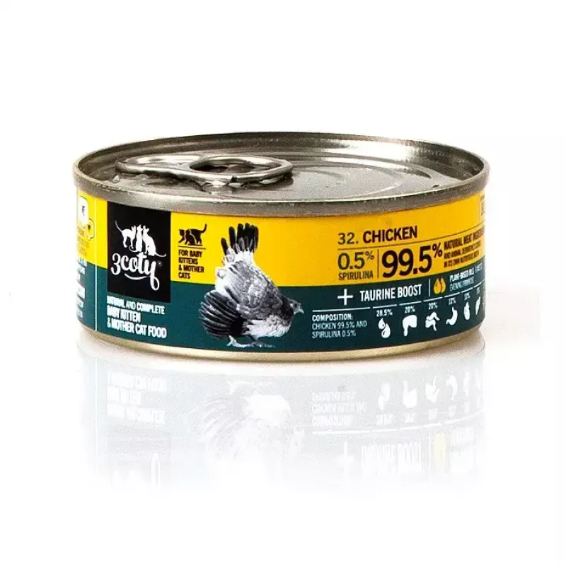 Šlapias kačių maistas 3coty Vištiena su spirulina kačiukams ir žindančioms katėms 80 g, visavertis pašaras, 19 % baltymų, 8 % riebalų