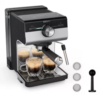 Espreso aparatas KRUPS XP384E10 — pusiau automatinis, 2 l vandens bakelis, 2 puodelių talpa, juodos/nerūdijančio plieno