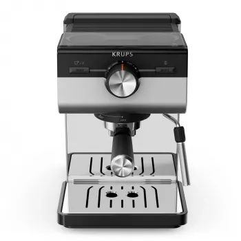 Espreso aparatas KRUPS XP384E10 — pusiau automatinis, 2 l vandens bakelis, 2 puodelių talpa, juodos/nerūdijančio plieno