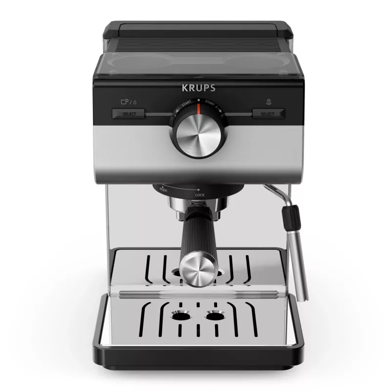 Espreso aparatas KRUPS XP384E10 — pusiau automatinis, 2 l vandens bakelis, 2 puodelių talpa, juodos/nerūdijančio plieno