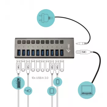 i-tec USB 3.0 įkrovimo šakotuvas 10 prievadų + maitinimo adapteris 48 W