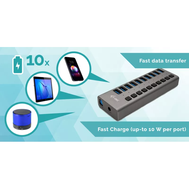 i-tec USB 3.0 įkrovimo šakotuvas 10 prievadų + maitinimo adapteris 48 W