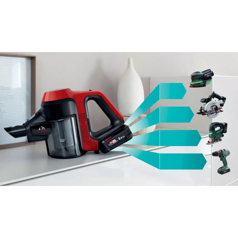 Bosch BCS711PET belaidis dulkių siurblys/elektrinė šluota Baterija Sausas Be maišelio 0,3 L Juoda, Raudona 3 Ah