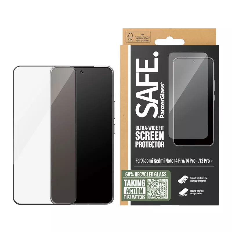 Apsauginis stiklas PanzerGlass SAFE. by, skirtas Xiaomi Redmi Note 14 Pro / 14 Pro+ / 13 Pro+ — grūdintas stiklas, skaidrus, Ultra-Wide Fit