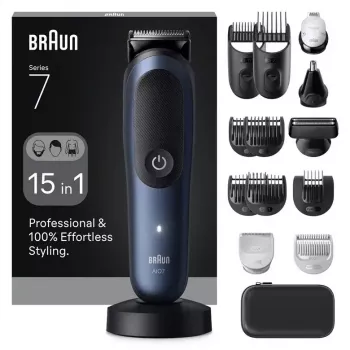 Elektrinė barzdaskutė BRAUN All-in-One AIO7580 — belaidė, įkraunama, skirta naudoti šlapiai ir sausai, 120 min. veikimo laikas, 21 ilgio pakopa, visam kūnui