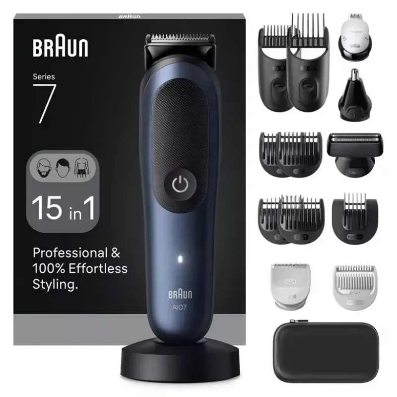Elektrinė barzdaskutė BRAUN All-in-One AIO7580 — belaidė, įkraunama, skirta naudoti šlapiai ir sausai, 120 min. veikimo laikas, 21 ilgio pakopa, visam kūnui