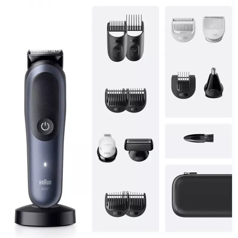 Elektrinė barzdaskutė BRAUN All-in-One AIO7580 — belaidė, įkraunama, skirta naudoti šlapiai ir sausai, 120 min. veikimo laikas, 21 ilgio pakopa, visam kūnui