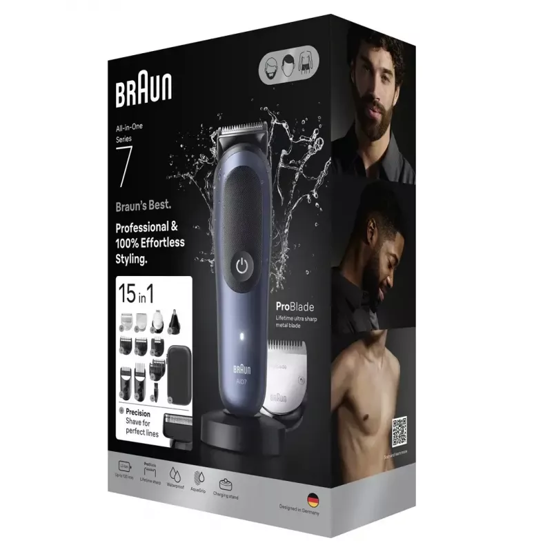 Elektrinė barzdaskutė BRAUN All-in-One AIO7580 — belaidė, įkraunama, skirta naudoti šlapiai ir sausai, 120 min. veikimo laikas, 21 ilgio pakopa, visam kūnui
